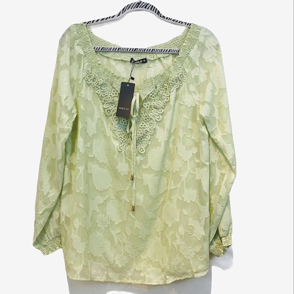 NWT Sheilay Sheer Floral Peasant Blouse Green Gold Size S